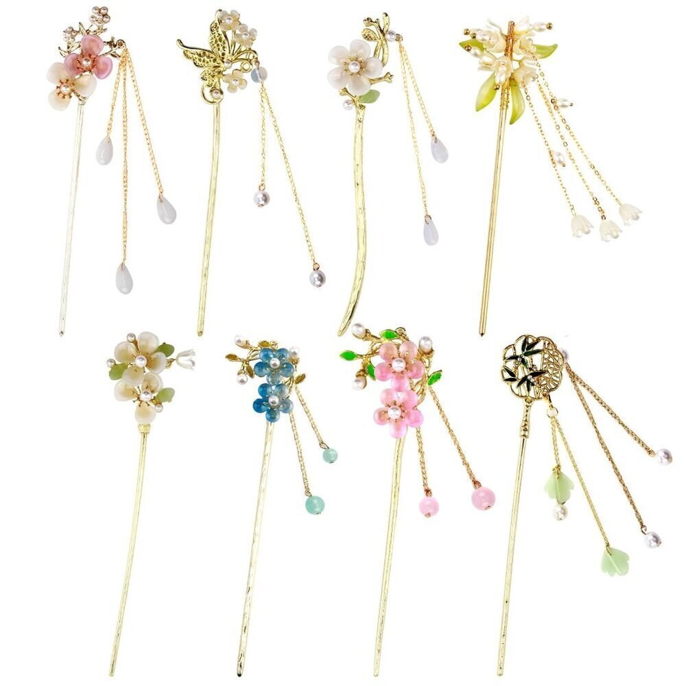 8 Pcs Asian Hair Sticks Set Gold White Pearl Butterfly Flower Hairpins